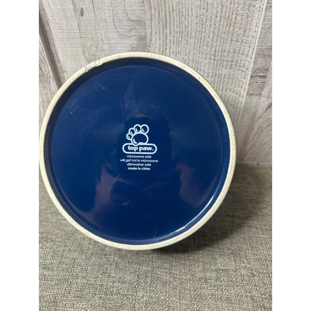 Top Paw Thirsty Ceramic Pet Bowl 7 Inch Navy & White Microwave Safe Dog Cat